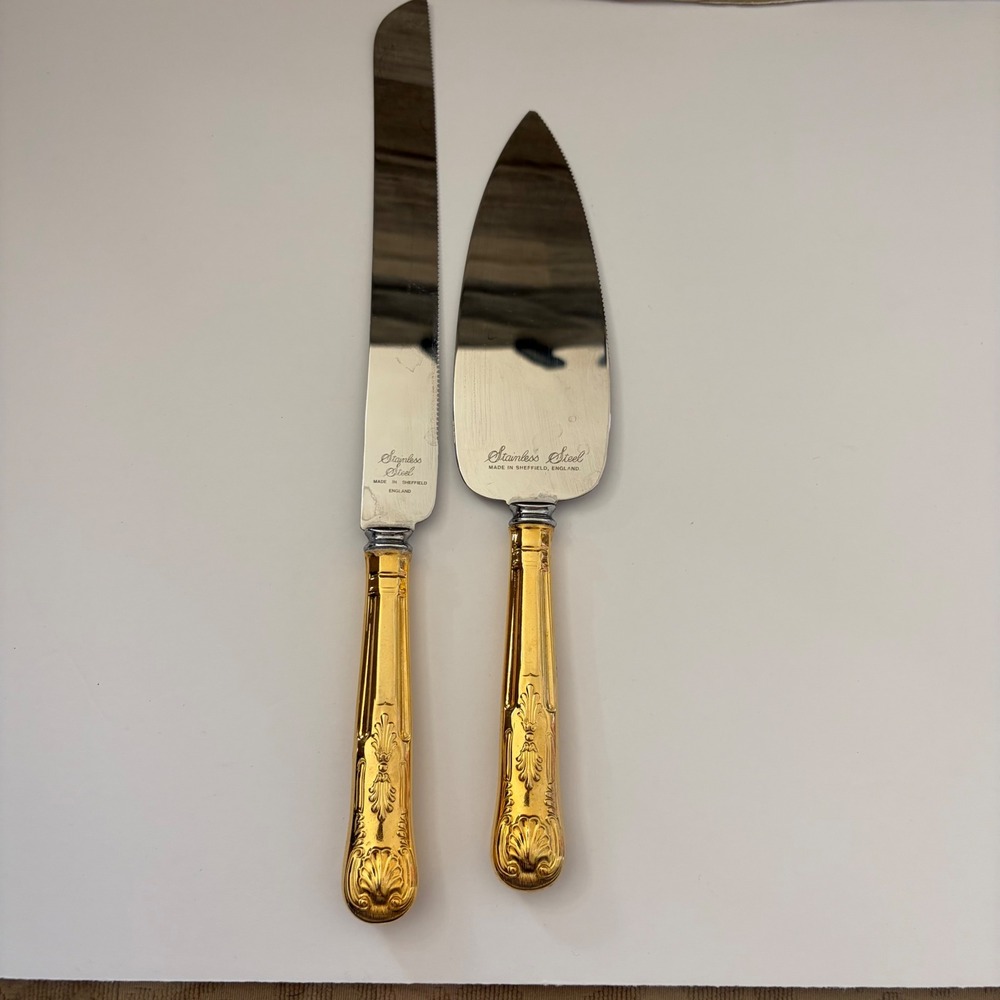 Vintage Sheffield England Stainless Steel Cake Server Knife Set Gold Ornate